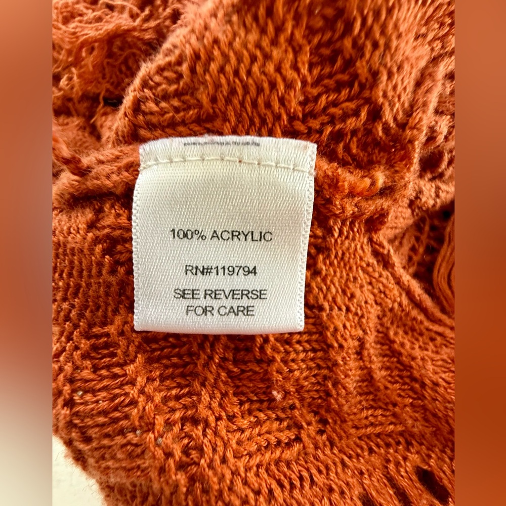 Boho Women’s Crocheted Poncho Swim Cover Up Fringe Hem Pumpkin Spice Rust - Picture 6 of 11